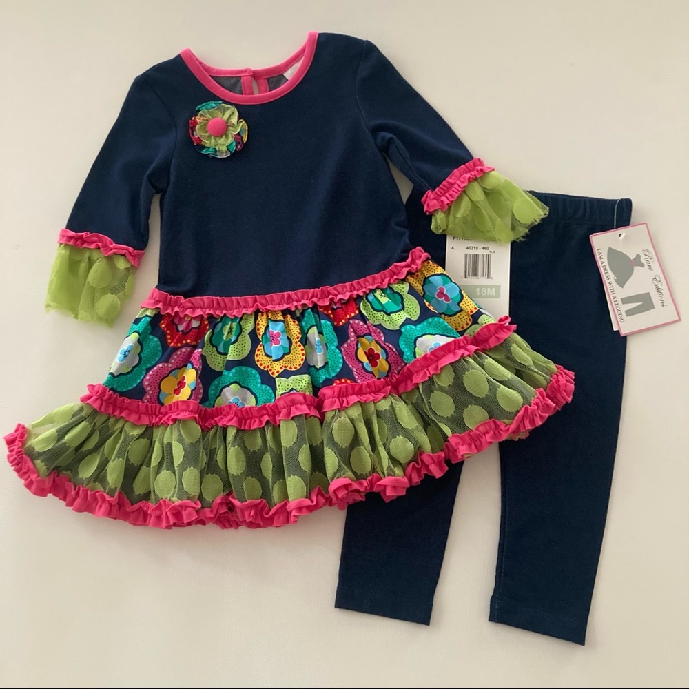 Rare Editions Baby Girl 18 Months Floral Dress & Leggings Set Outfit